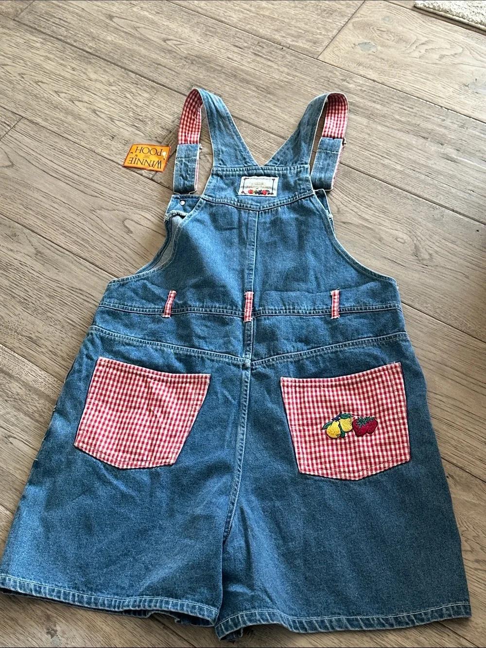 Vintage Disney Denim Overalls Shortalls w Winnie the Pooh Fruitstand Patchwork - Picture 5 of 6